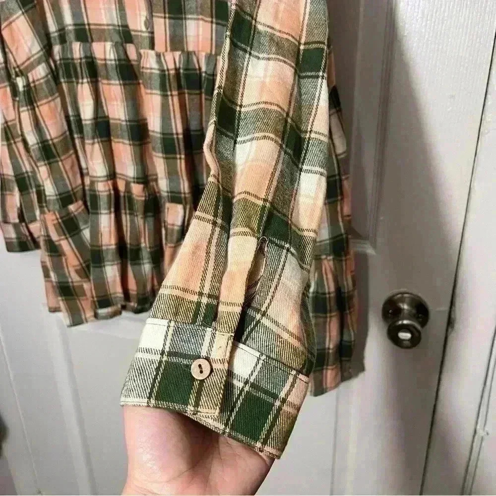 NWOT EASEL Green and Orange Tiered Long Sleeve Flannel Top | size Large - Picture 5 of 9